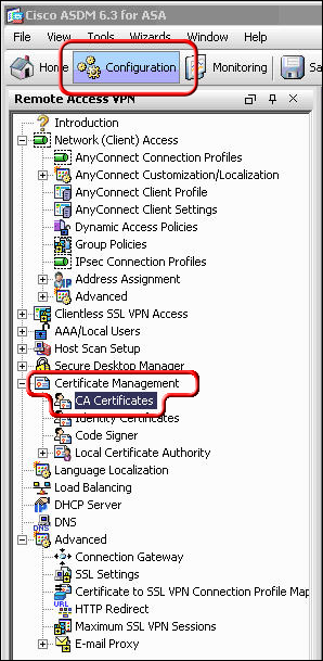 Configuration tab, click Certificate management, and CA Certificates highlighted